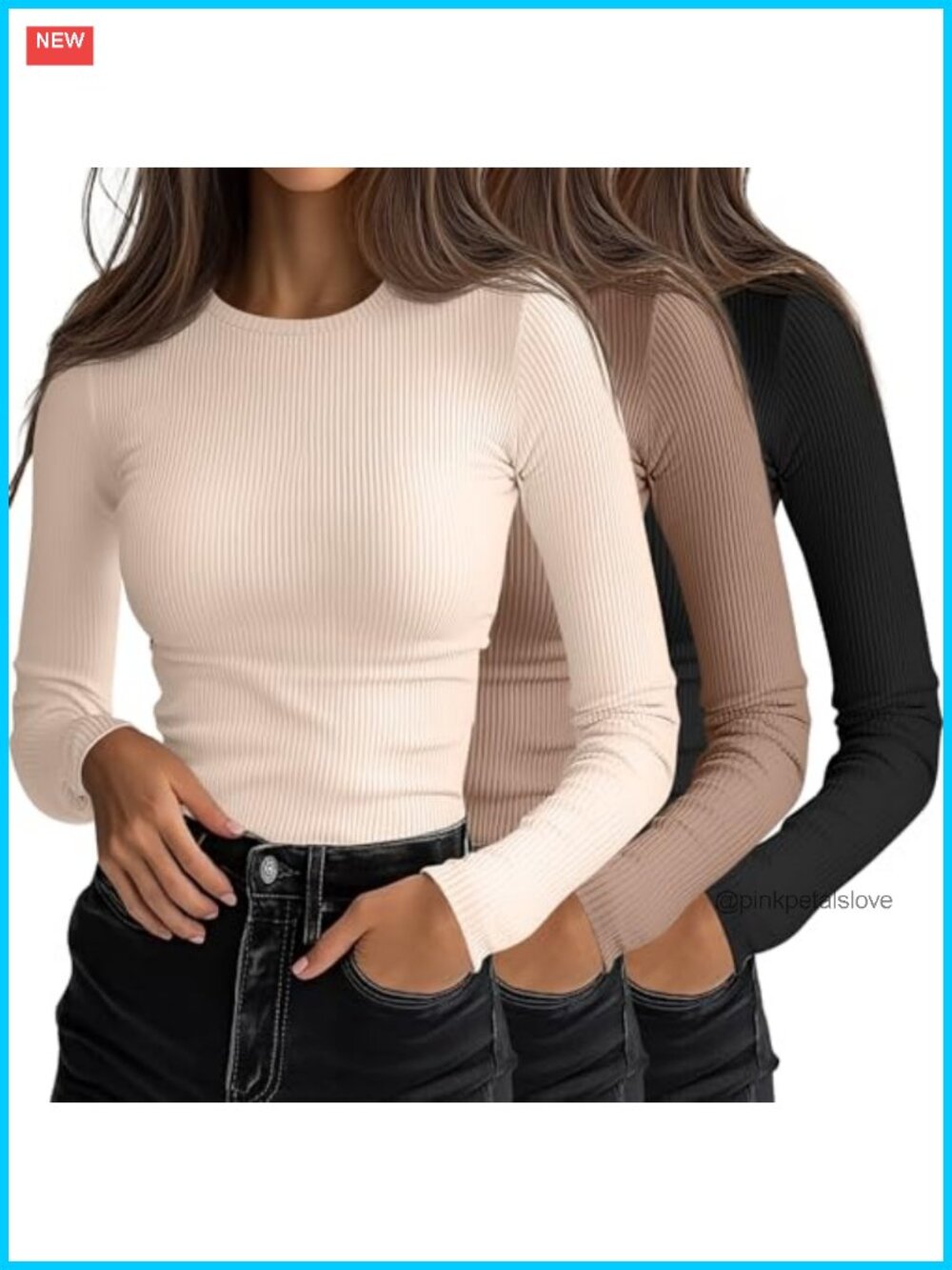Ribbed Long Sleeve Fitted Tops 3 Pack Slim Fit Crew Neck Tees